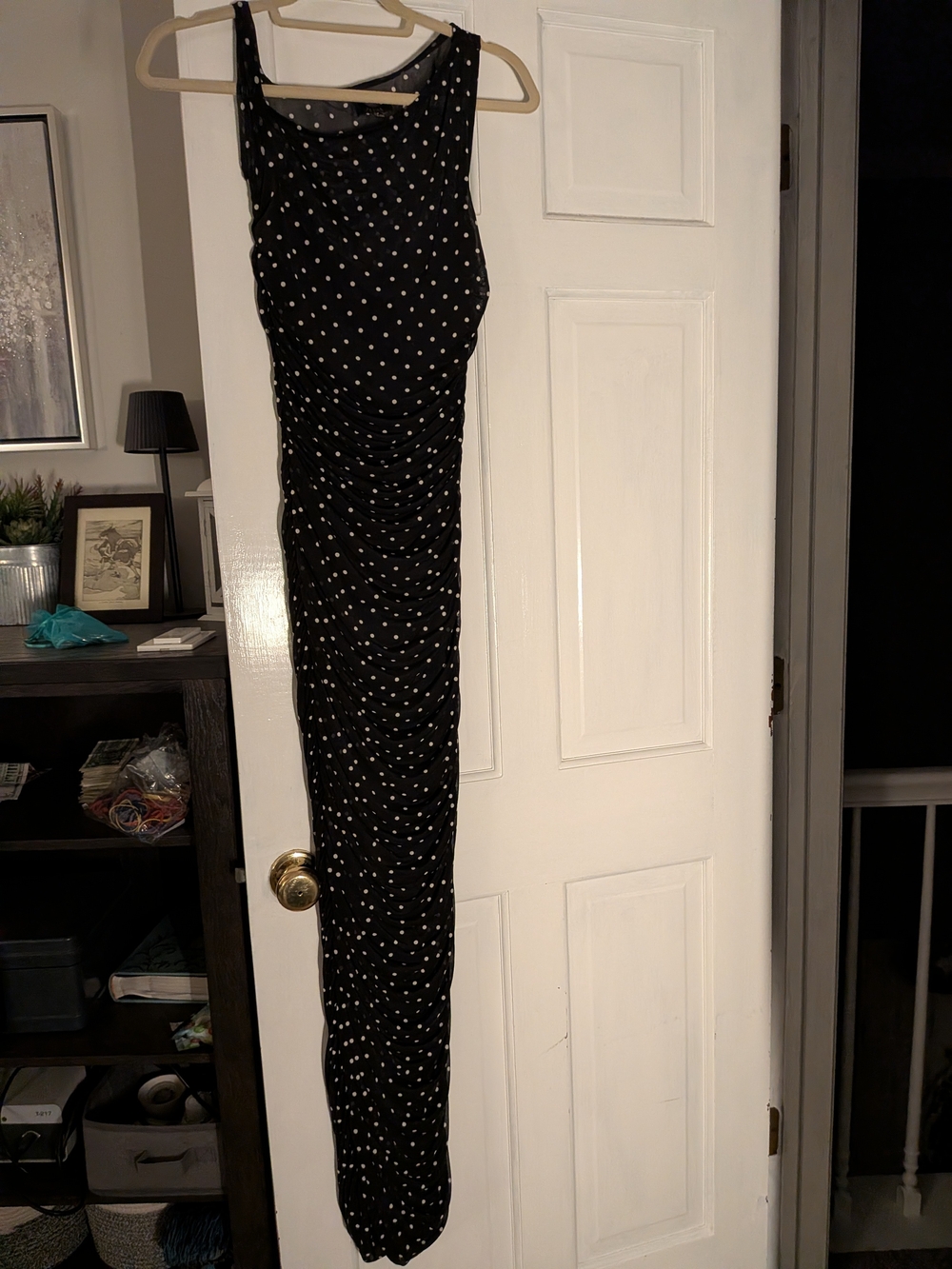 AFRM Black Polka Dot Ruched Sleeveless Dress